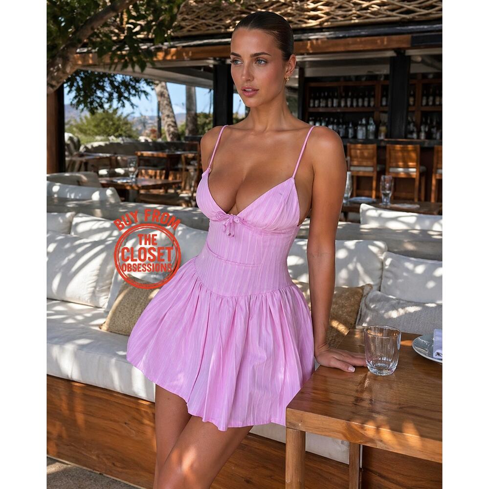 Zara Pink Striped Bow Detail Fit & Flare Mini Dress Strappy Pleated NWT Size M L